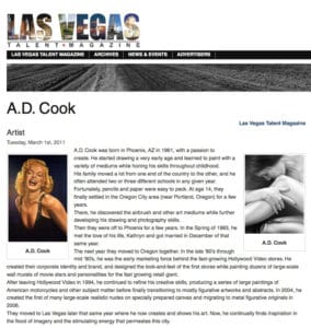 Las Vegas Talent Magazine featuring artist A.D. Cook, 2011