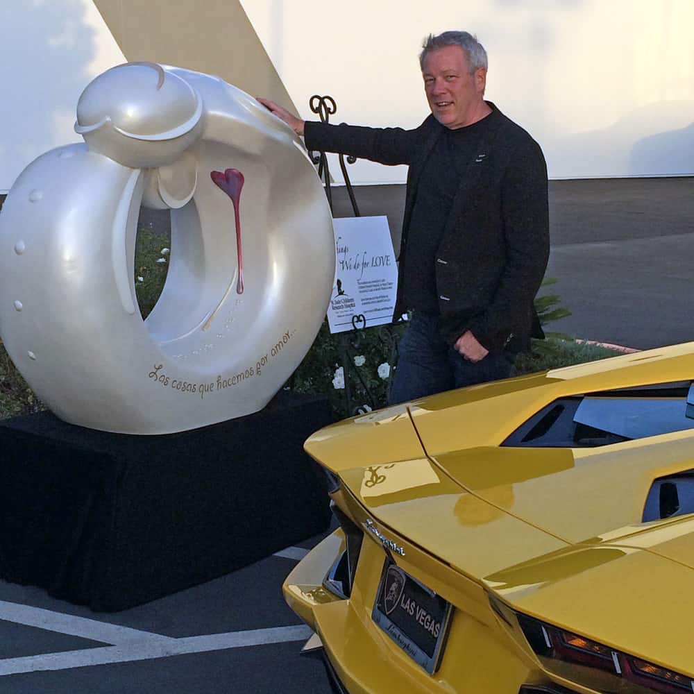 Lamborghini Aventador SV, St. Jude sculpture by A.D. Cook at Lamborghini Las Vegas