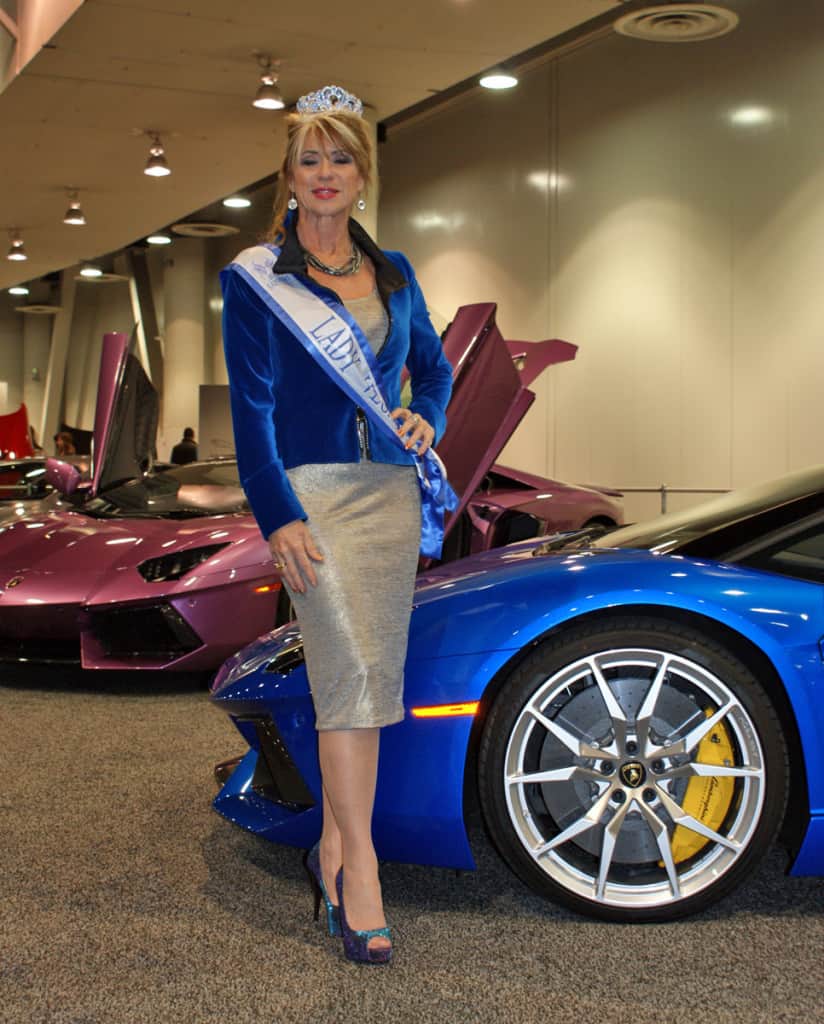 Motor Trend Auto Show with artsit Beti Kristof aka Ms. Lady Vegas with Blue Lamborghini Aventador Roadster