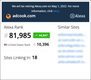 ADCook.com website Alexa Ranking 01/18/22 - 81,985 Global