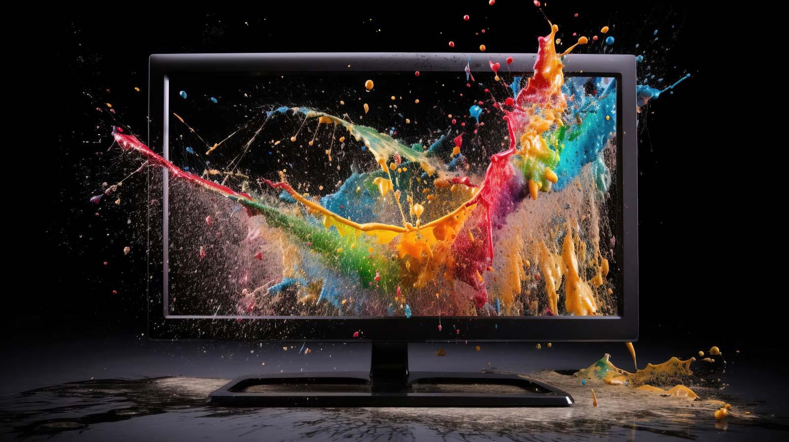 Colorful paint splashing from computer monitor