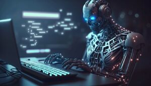 Sinister robot typing at keyboard