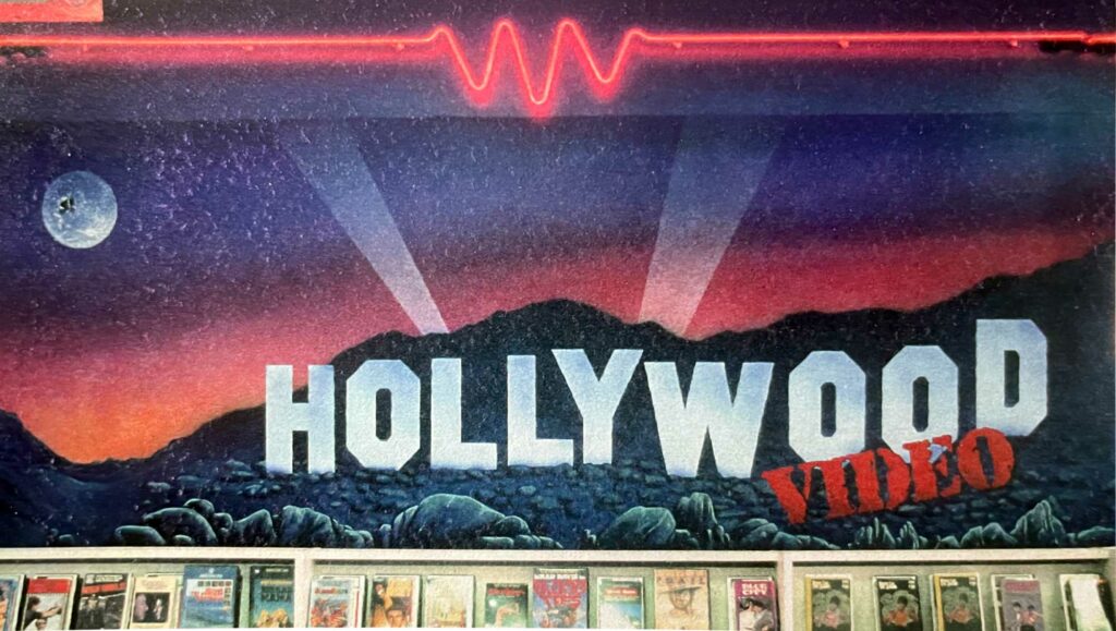 Hollywood Video Mountain mural at Kelso/Longview location, 1989