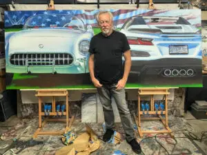 Artist A.D. Cook with Momentum Corvette paintings - Art In Process 02/06/24