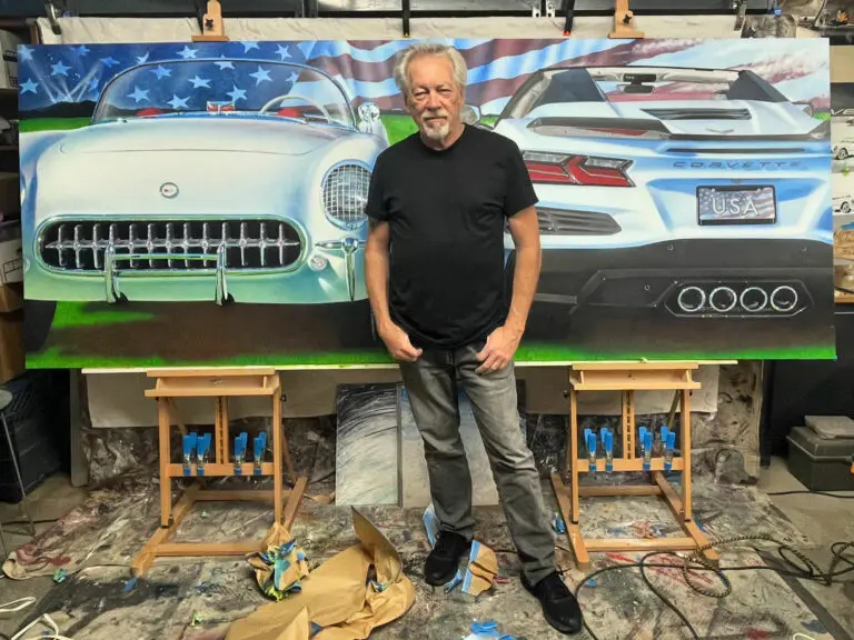 Artist A.D. Cook with Momentum Corvette paintings - Art In Process 02/06/24